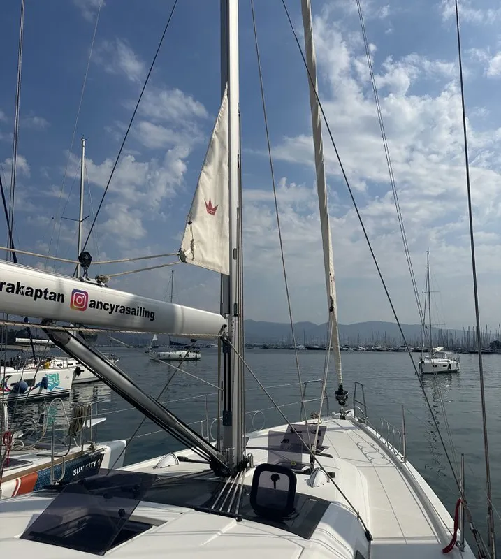 Deck of Enki, a Dufour 430 sailboat at Fethiye, Turkey