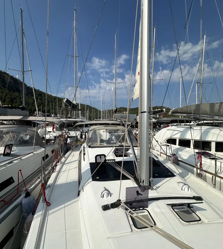 Deck of Enki, a Dufour 430 sailboat at Fethiye, Turkey