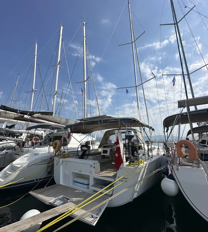 Exterior view of Enki, a Dufour 430 sailboat at Fethiye, Turkey
