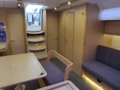 Salon of Enki, a Dufour 430 sailboat at Fethiye, Turkey
