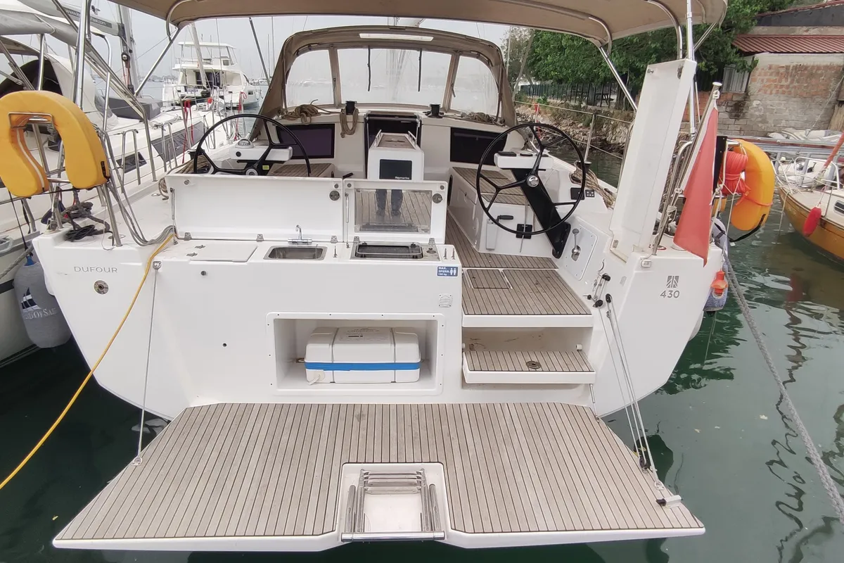 Exterior view of Enki, a Dufour 430 sailboat at Fethiye, Turkey
