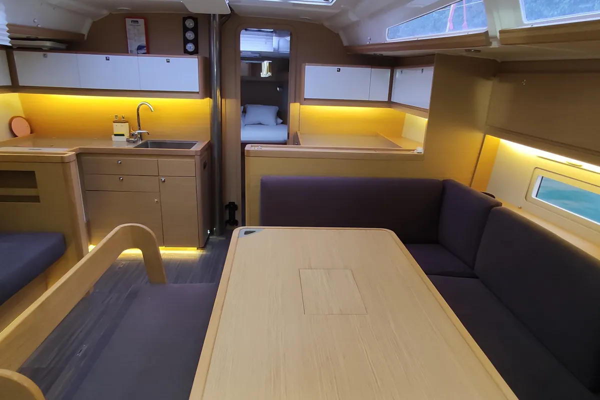 Salon of Enki, a Dufour 430 sailboat at Fethiye, Turkey