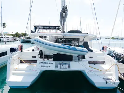 Deck of Wanderlust, a Lagoon 42 OW catamaran at Road Town, British Virgin Islands