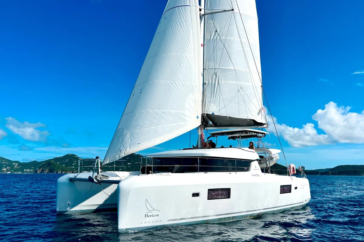 Exterior view of Wanderlust, a Lagoon 42 OW catamaran at Road Town, British Virgin Islands
