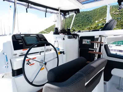 Cockpit of Wanderlust, a Lagoon 42 OW catamaran at Road Town, British Virgin Islands