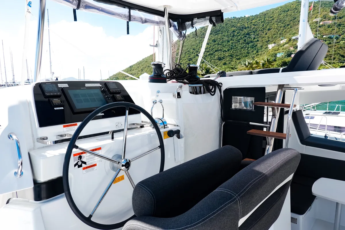 Cockpit of Wanderlust, a Lagoon 42 OW catamaran at Road Town, British Virgin Islands
