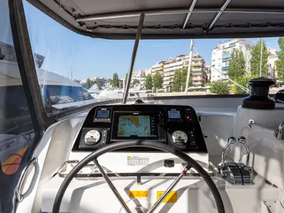 Cockpit of Idal, a Lagoon 42 catamaran at Municipal Unit of Lefkada, Greece