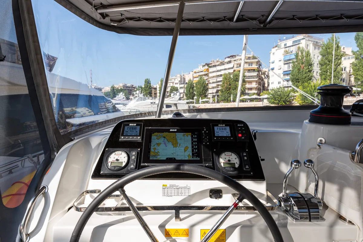 Cockpit of Idal, a Lagoon 42 catamaran at Municipal Unit of Lefkada, Greece