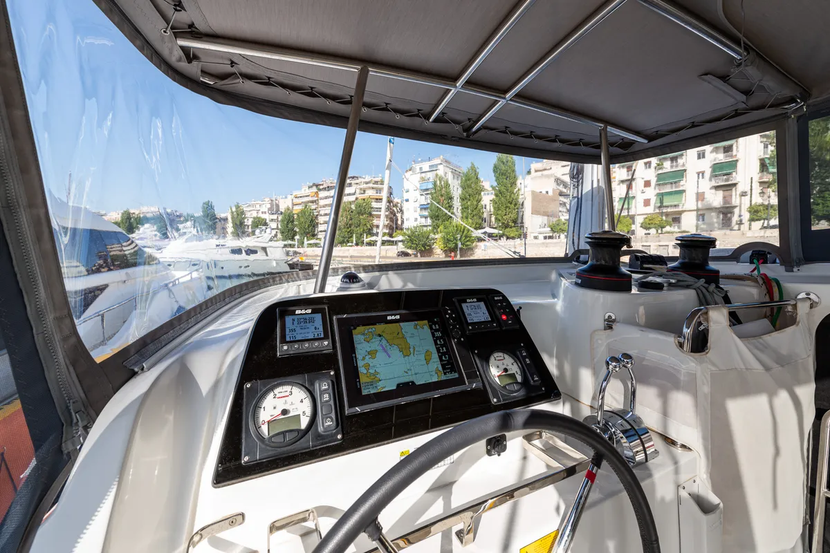 Cockpit of Idal, a Lagoon 42 catamaran at Municipal Unit of Lefkada, Greece