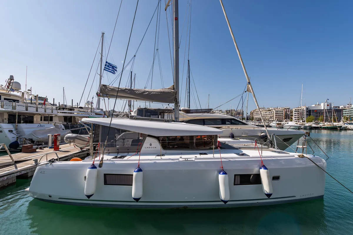 Exterior view of Idal, a Lagoon 42 catamaran at Municipal Unit of Lefkada, Greece
