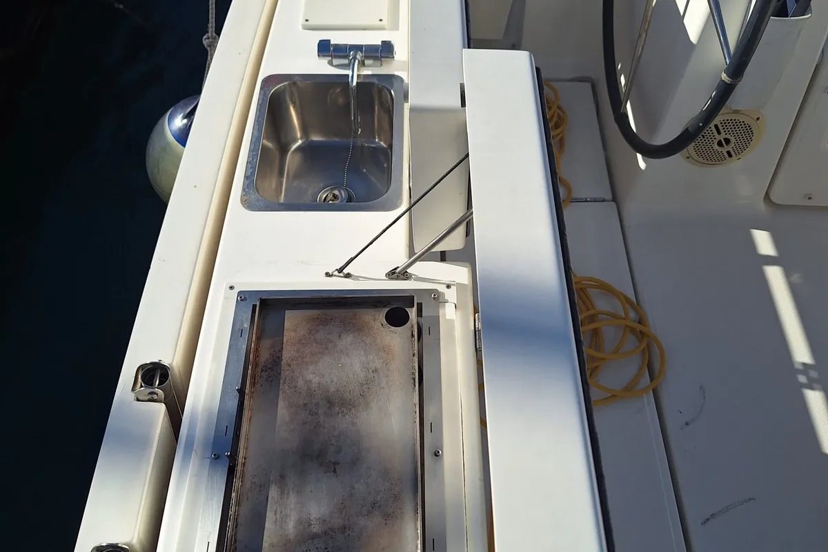 Deck of Rose De Mer, a Dufour 412 GL sailboat at Toulon, France