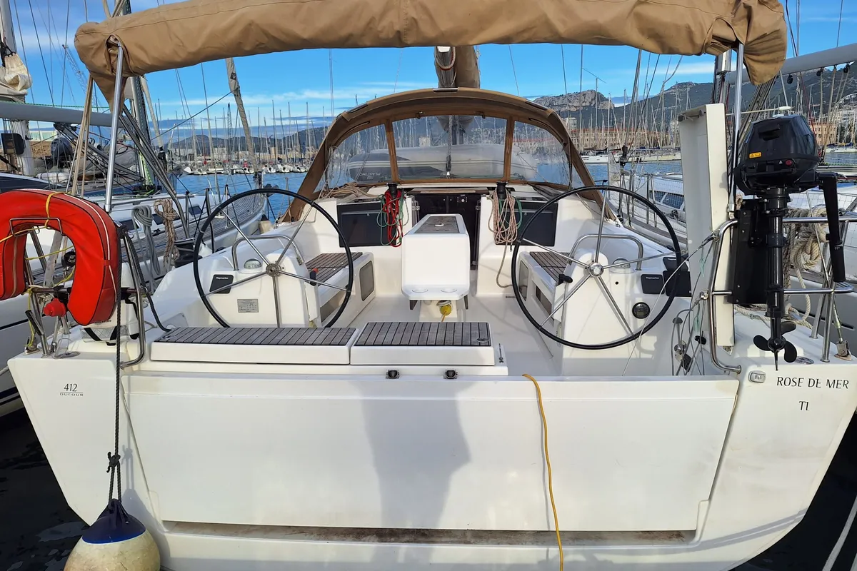 Deck of Rose De Mer, a Dufour 412 GL sailboat at Toulon, France