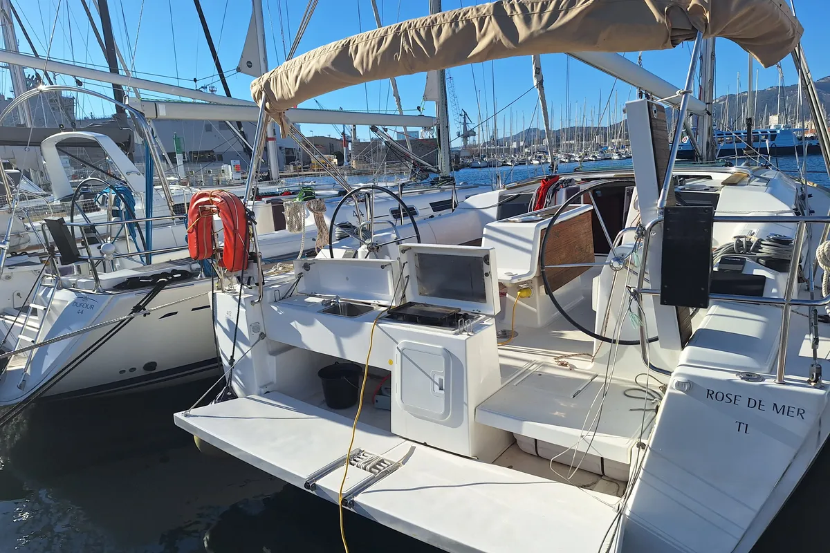 Deck of Rose De Mer, a Dufour 412 GL sailboat at Toulon, France