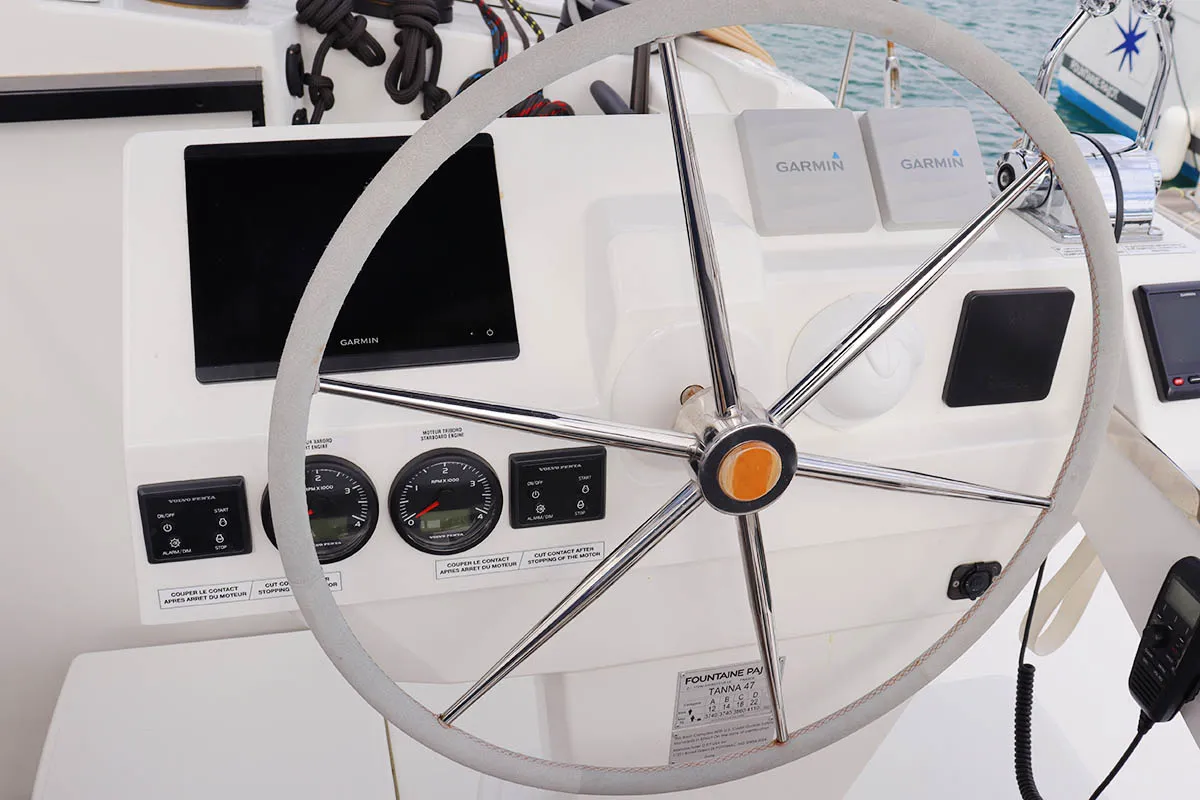 Cockpit of Instigator, a Fountaine Pajot Tanna 47 catamaran at Road Town, British Virgin Islands