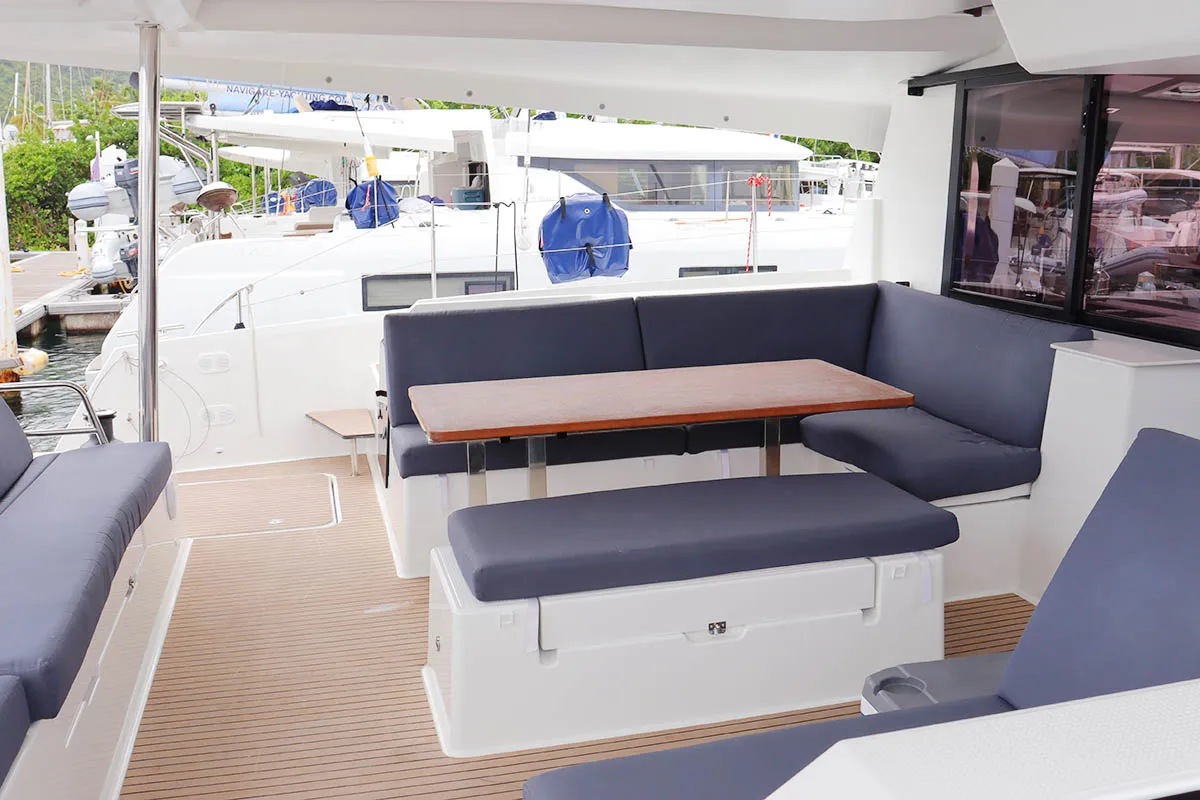 Deck of Instigator, a Fountaine Pajot Tanna 47 catamaran at Road Town, British Virgin Islands