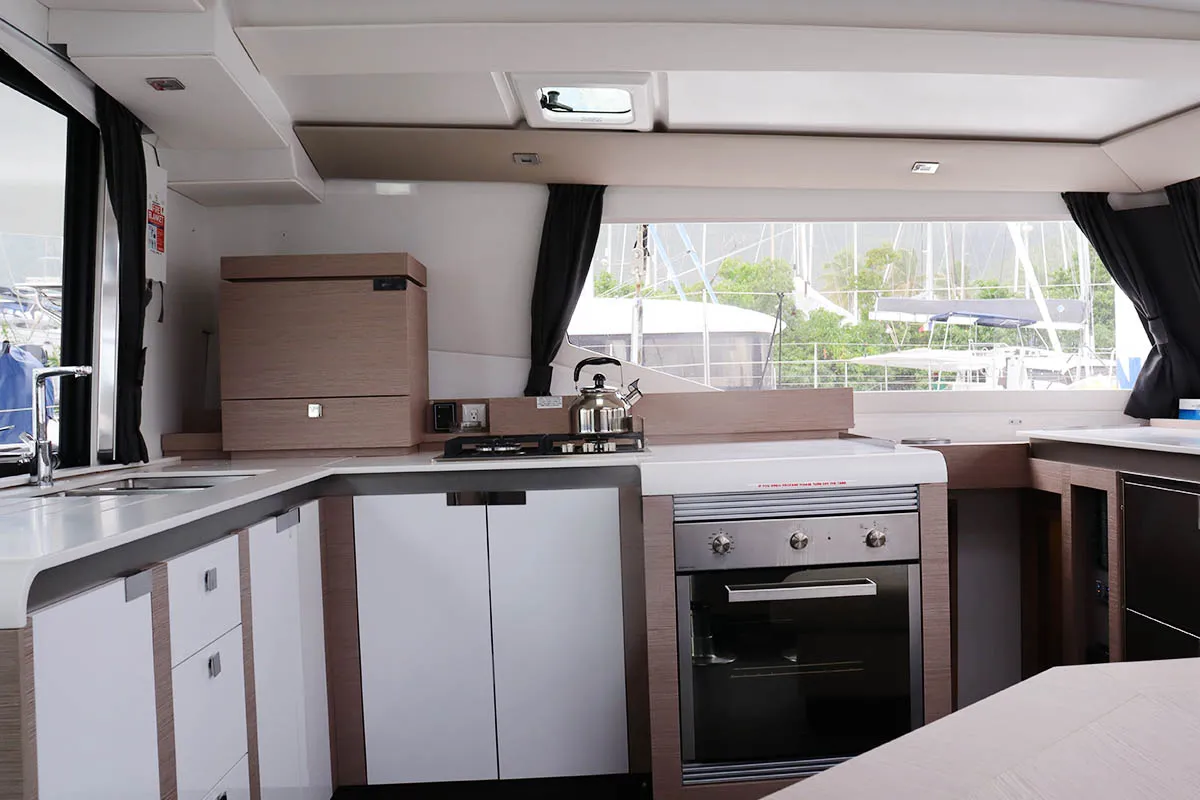 Galley of Instigator, a Fountaine Pajot Tanna 47 catamaran at Road Town, British Virgin Islands