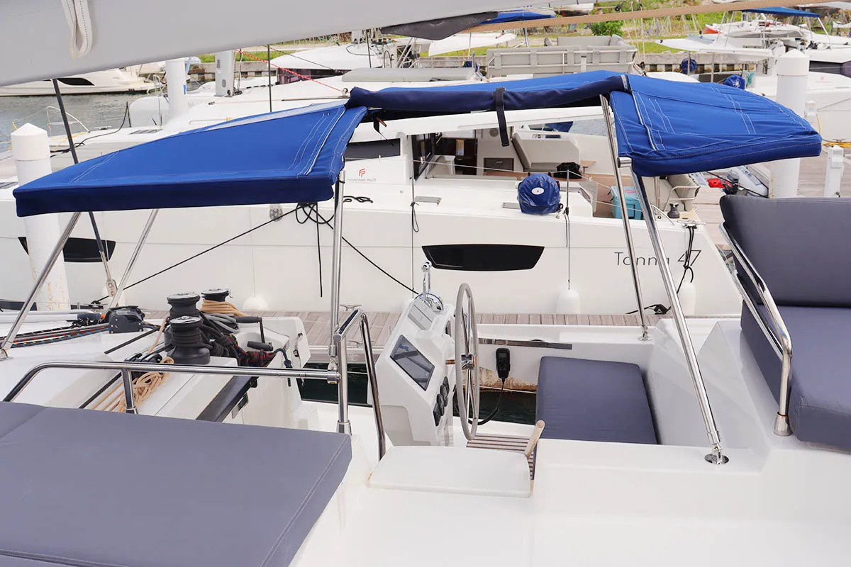Deck of Instigator, a Fountaine Pajot Tanna 47 catamaran at Road Town, British Virgin Islands