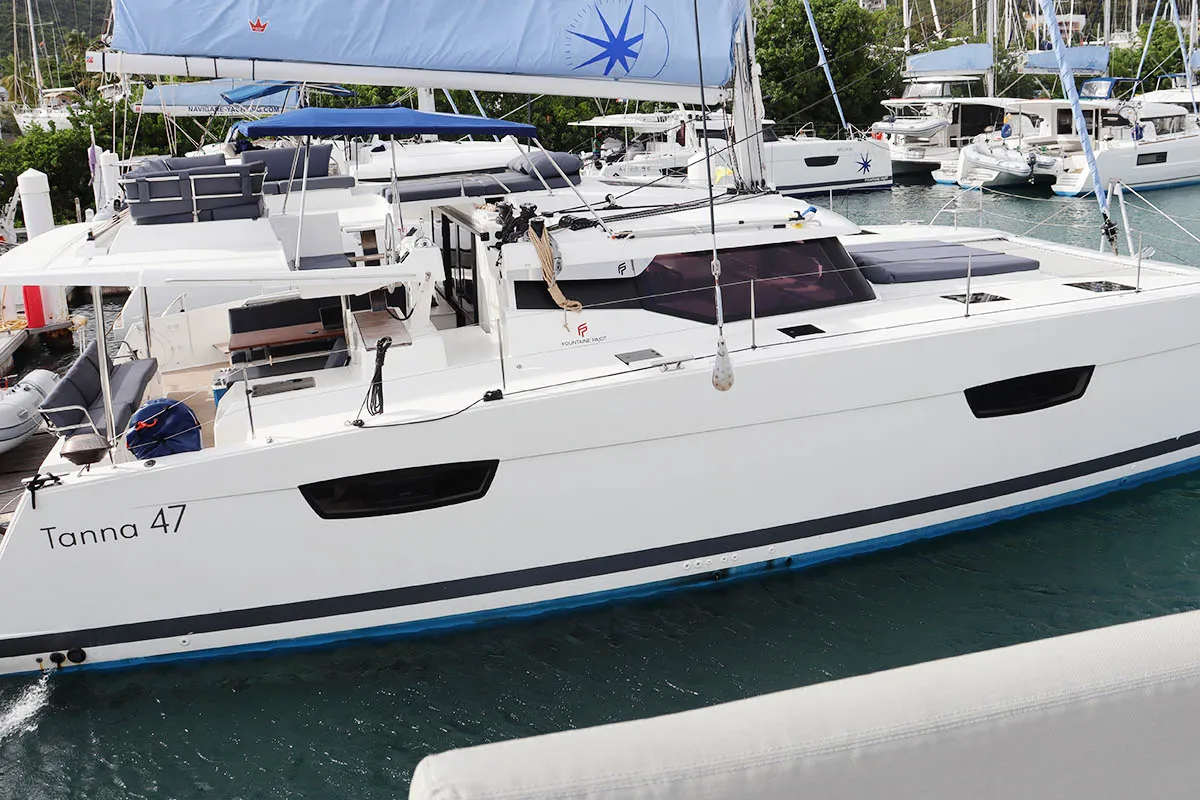 Exterior view of Instigator, a Fountaine Pajot Tanna 47 catamaran at Road Town, British Virgin Islands