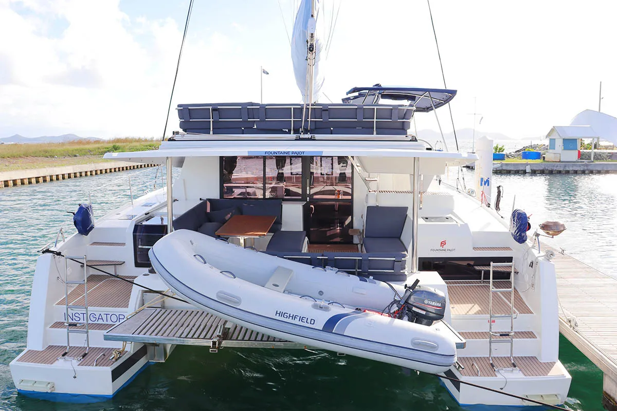 Exterior view of Instigator, a Fountaine Pajot Tanna 47 catamaran at Road Town, British Virgin Islands