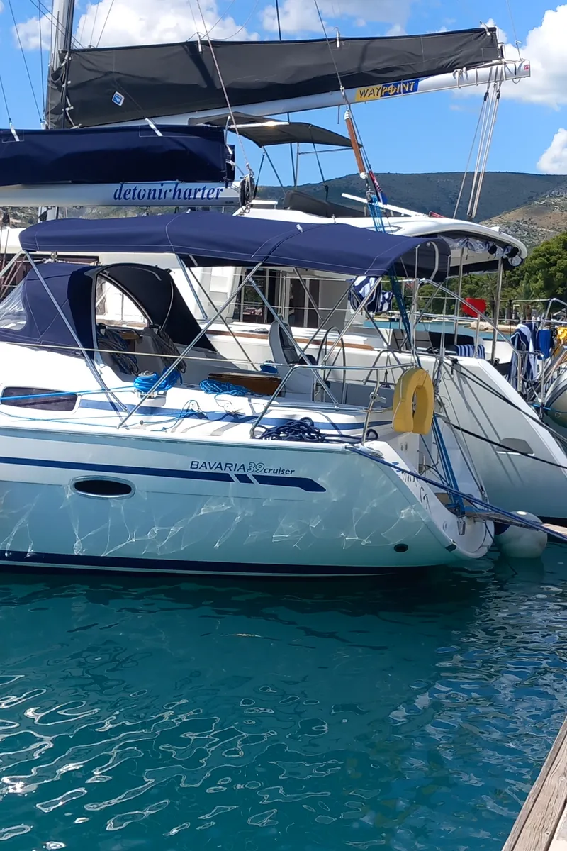 Exterior view of Eowyn G, a Bavaria 39 Cruiser sailboat at Grad Trogir, Croatia