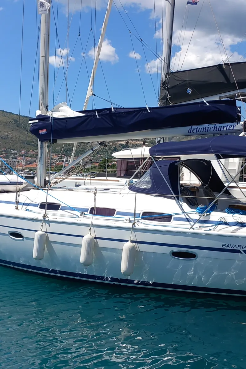 Exterior view of Eowyn G, a Bavaria 39 Cruiser sailboat at Grad Trogir, Croatia