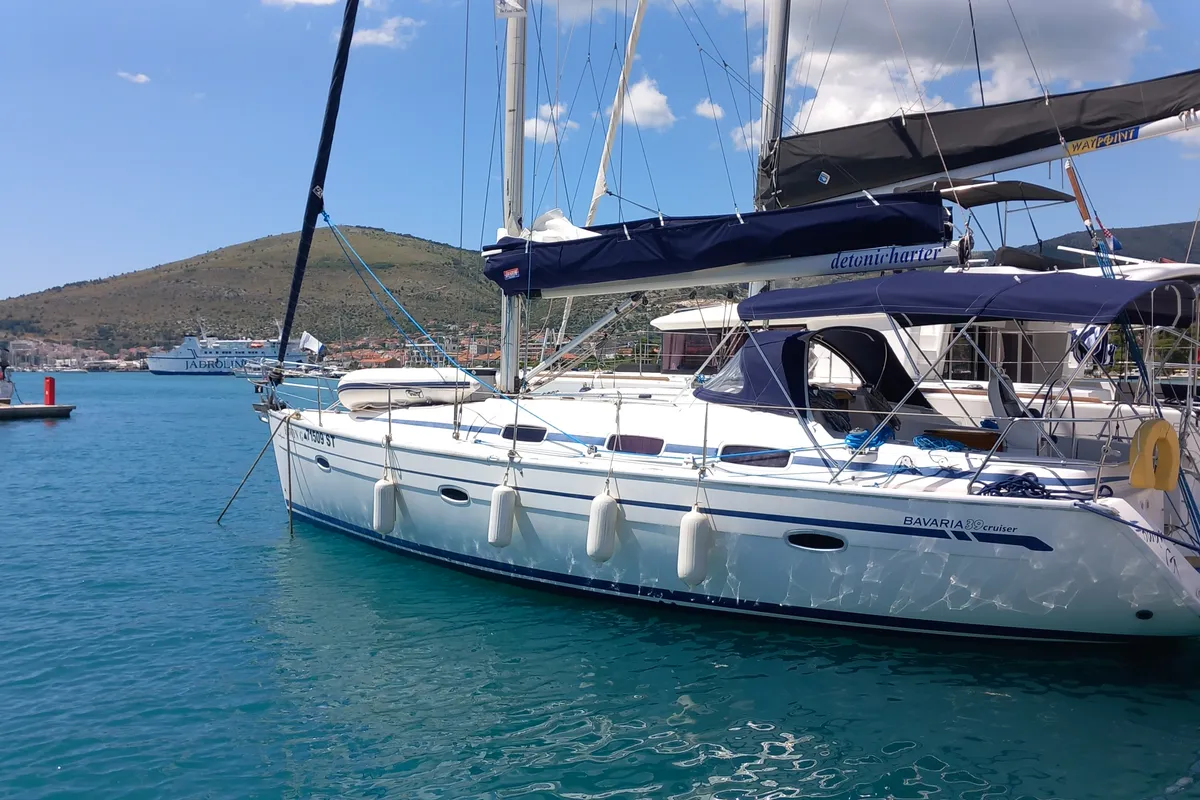 Exterior view of Eowyn G, a Bavaria 39 Cruiser sailboat at Grad Trogir, Croatia