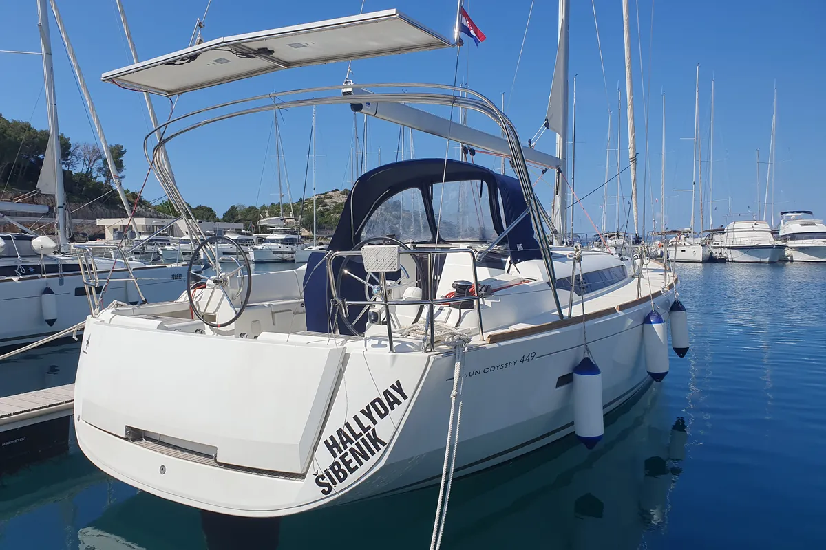 Exterior view of Hallyday, a Jeanneau Sun Odyssey 449 sailboat at Sukošan, Croatia