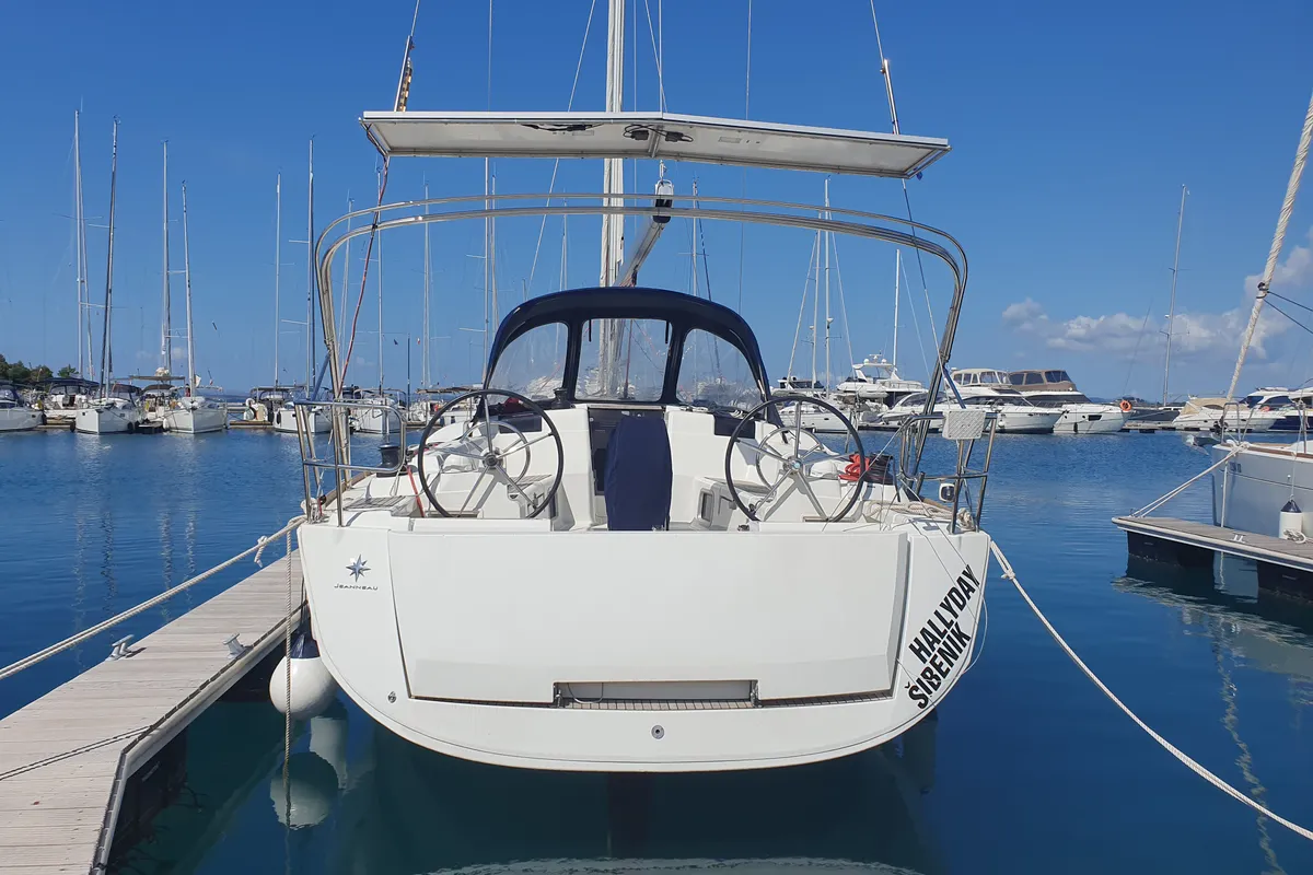 Exterior view of Hallyday, a Jeanneau Sun Odyssey 449 sailboat at Sukošan, Croatia