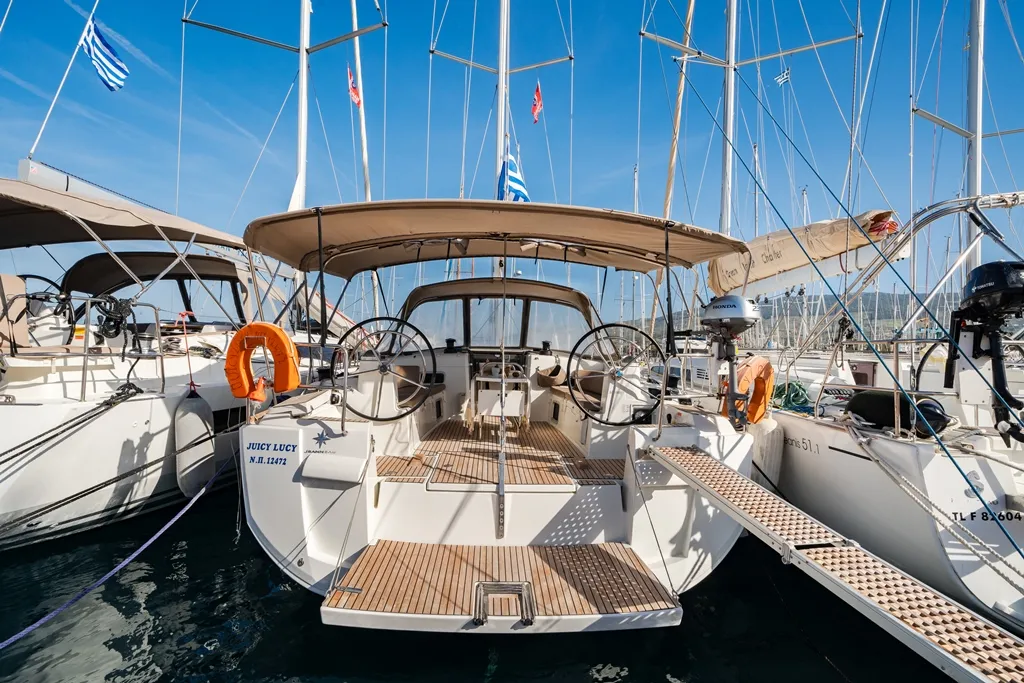 Exterior view of Juicy Lucy, a Jeanneau Sun Odyssey 519 sailboat at Municipal Unit of Nea Peramos, Greece