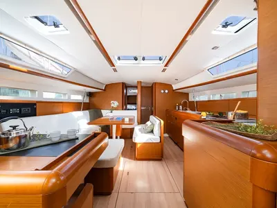 Salon of Juicy Lucy, a Jeanneau Sun Odyssey 519 sailboat at Municipal Unit of Nea Peramos, Greece