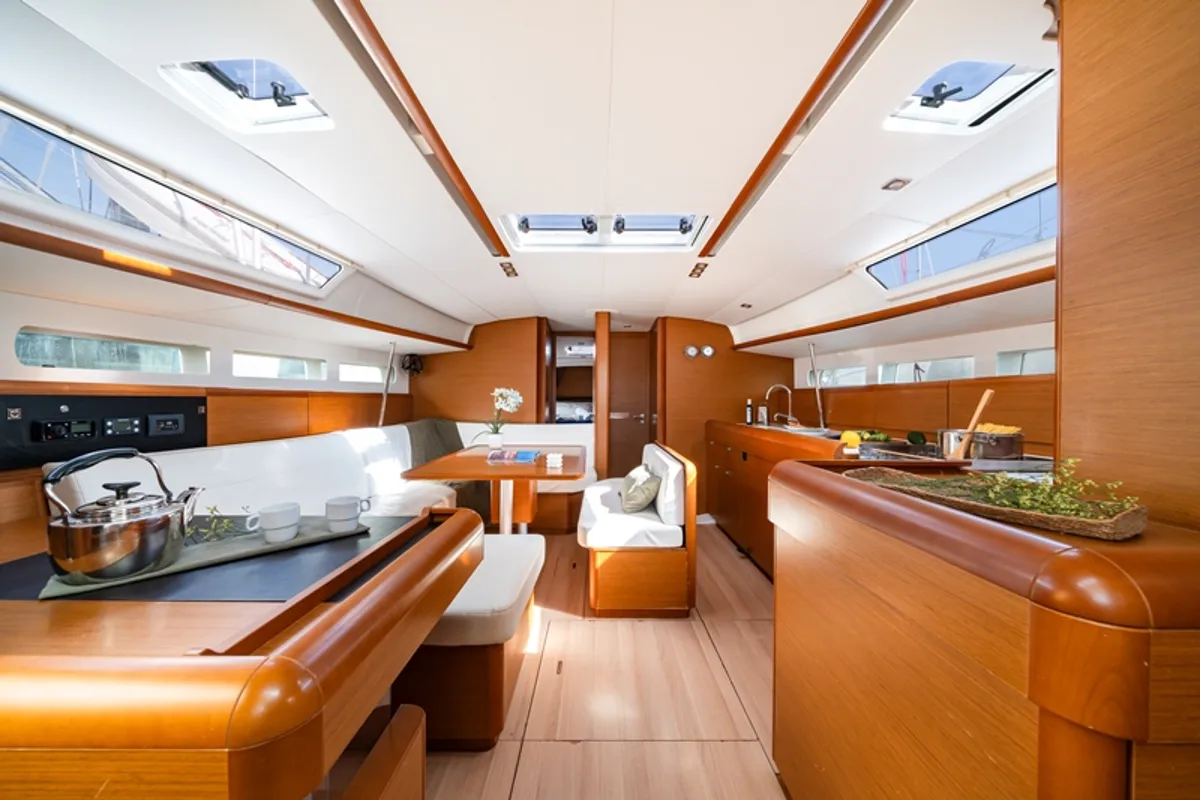 Salon of Juicy Lucy, a Jeanneau Sun Odyssey 519 sailboat at Municipal Unit of Nea Peramos, Greece
