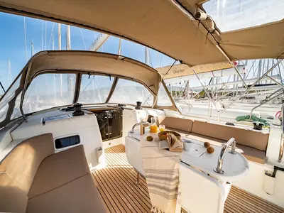 Cockpit of Juicy Lucy, a Jeanneau Sun Odyssey 519 sailboat at Municipal Unit of Nea Peramos, Greece