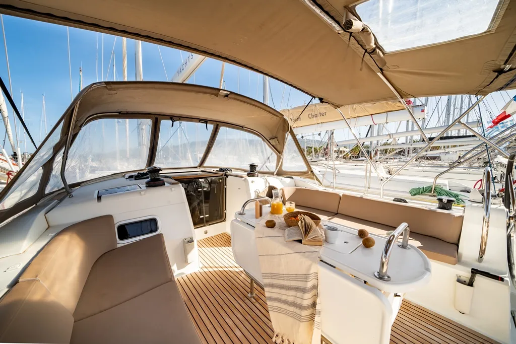 Cockpit of Juicy Lucy, a Jeanneau Sun Odyssey 519 sailboat at Municipal Unit of Nea Peramos, Greece