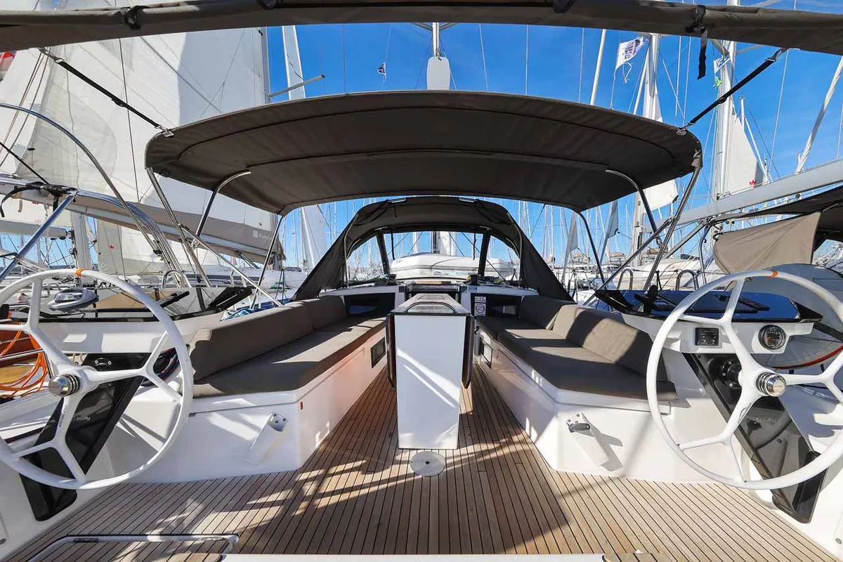 Cockpit of Kaylani, a Dufour 41 sailboat at Jezera, Croatia