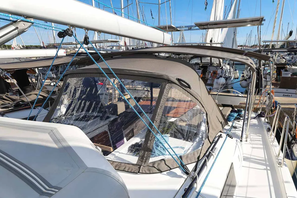 Cockpit of Kaylani, a Dufour 41 sailboat at Jezera, Croatia