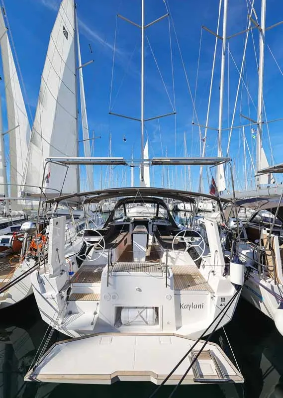 Exterior view of Kaylani, a Dufour 41 sailboat at Jezera, Croatia