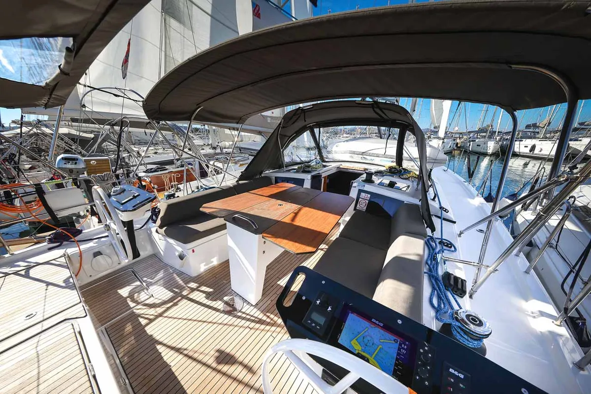 Cockpit of Kaylani, a Dufour 41 sailboat at Jezera, Croatia