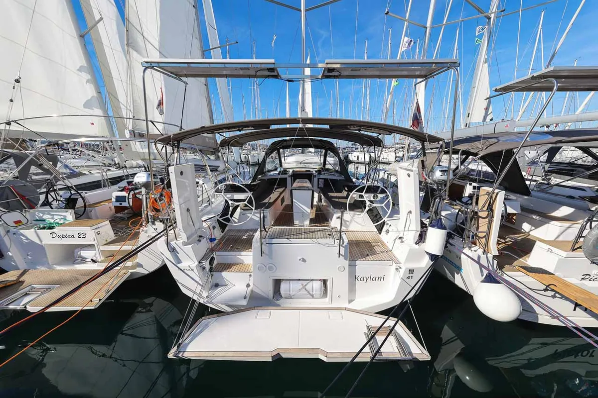 Exterior view of Kaylani, a Dufour 41 sailboat at Jezera, Croatia