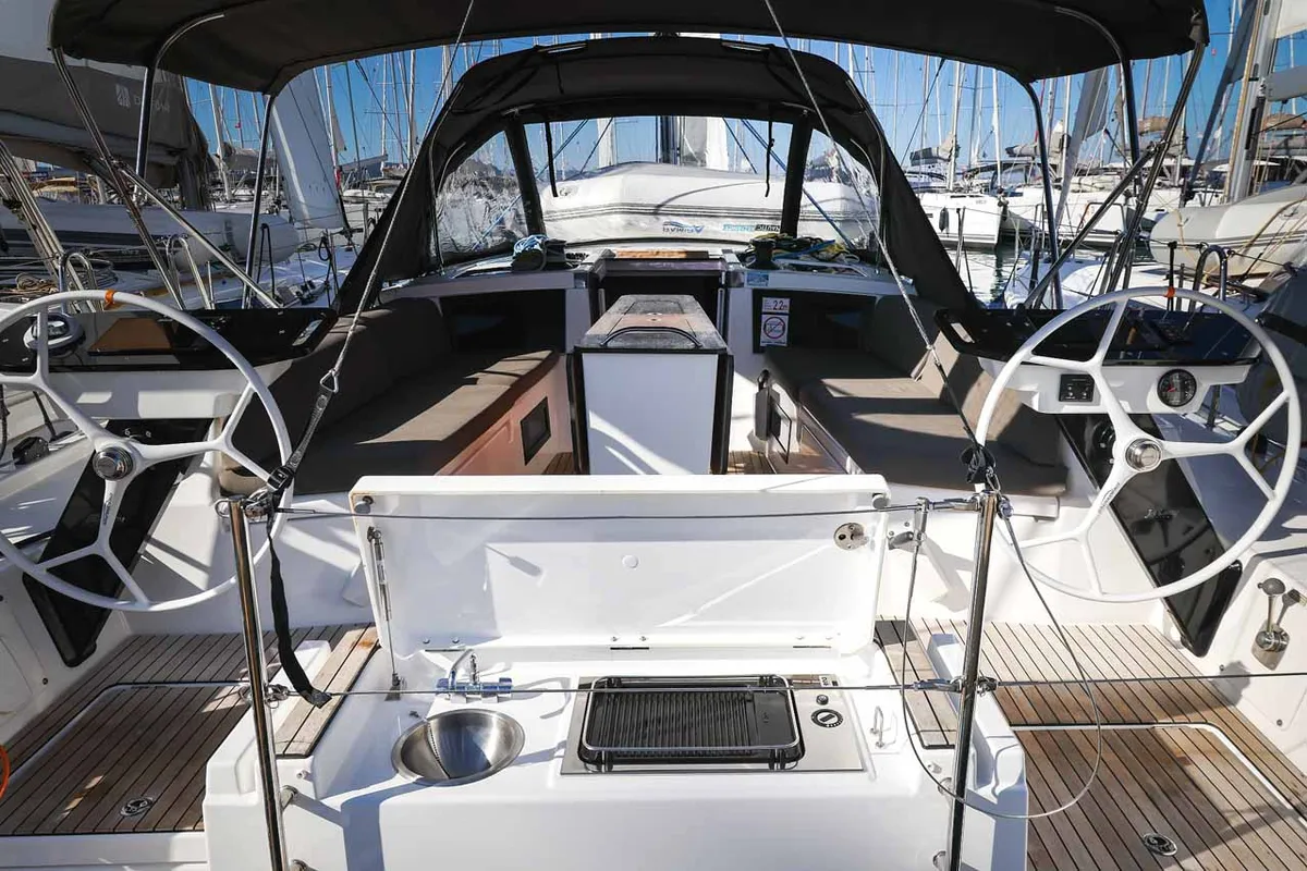 Cockpit of Kaylani, a Dufour 41 sailboat at Jezera, Croatia