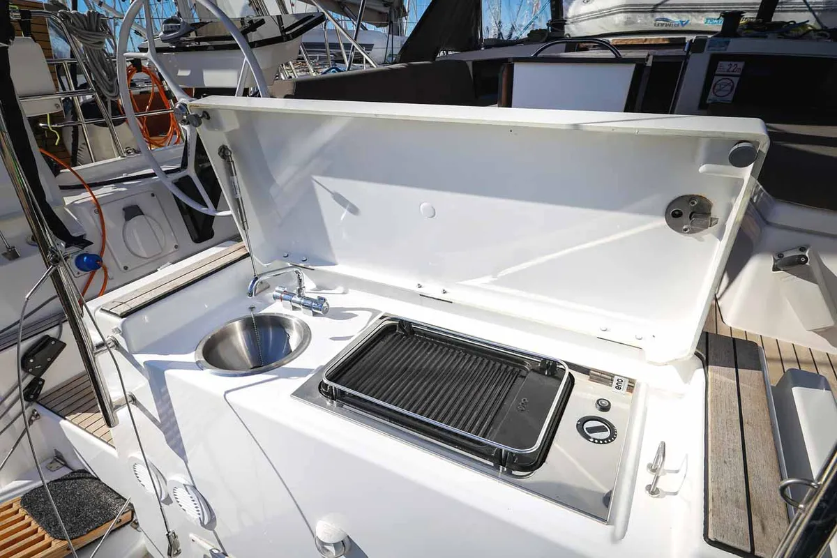 Cockpit of Kaylani, a Dufour 41 sailboat at Jezera, Croatia