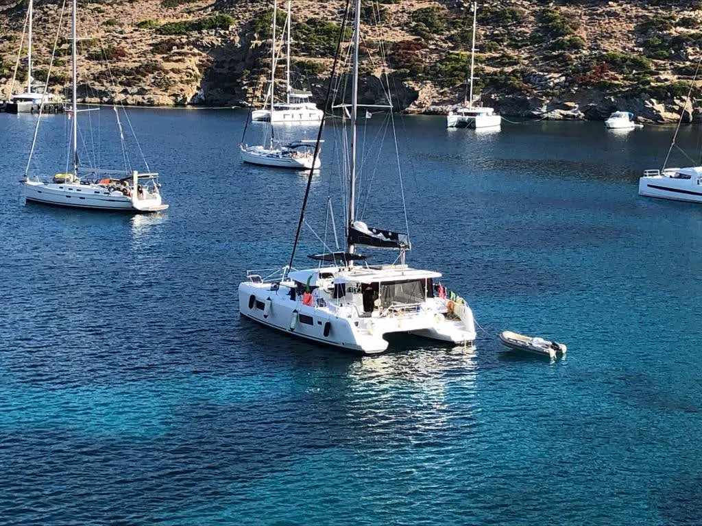 Exterior view of Premium, a Lagoon 42 catamaran at Municipal Unit of Lefkada, Greece