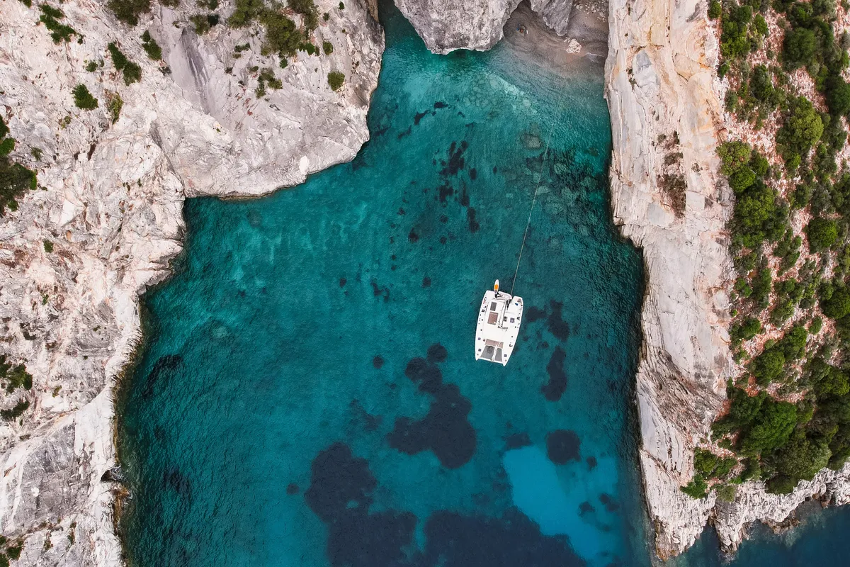 Exterior view of Premium, a Lagoon 42 catamaran at Municipal Unit of Lefkada, Greece