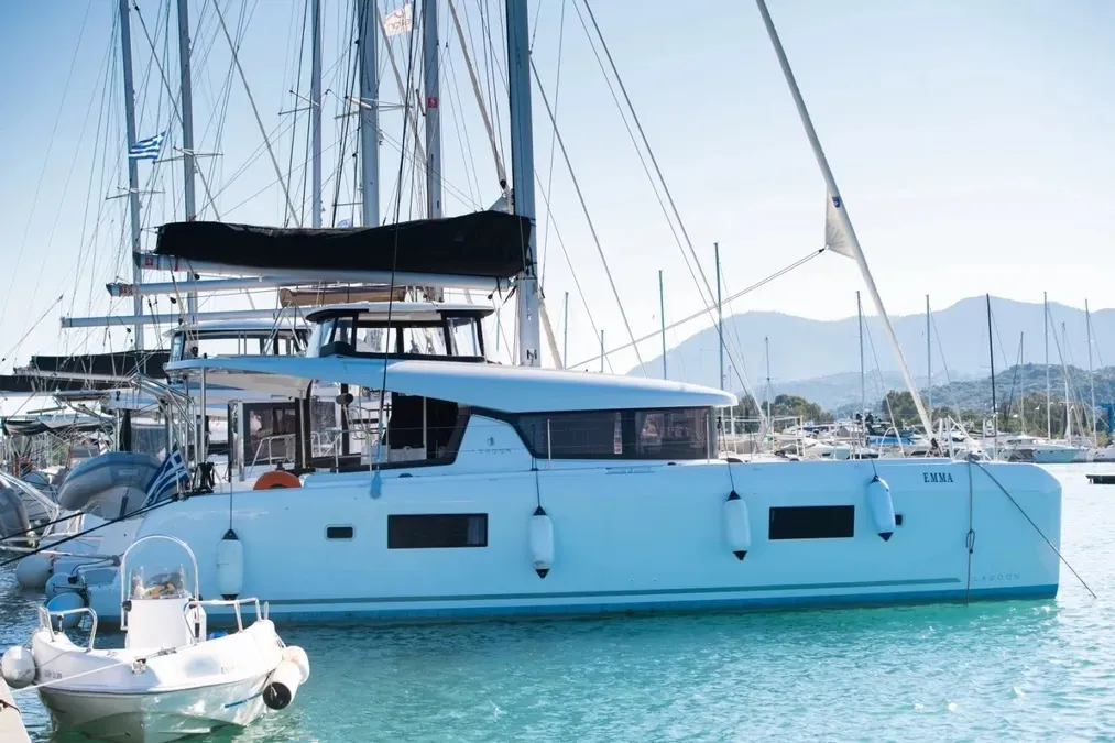 Exterior view of Premium, a Lagoon 42 catamaran at Municipal Unit of Lefkada, Greece