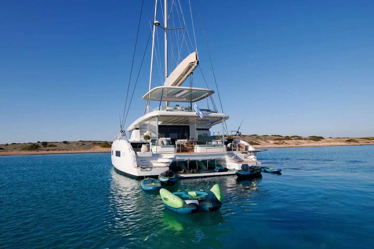 Exterior view of HAPPY, a Lagoon 55 catamaran at Athens, Greece
