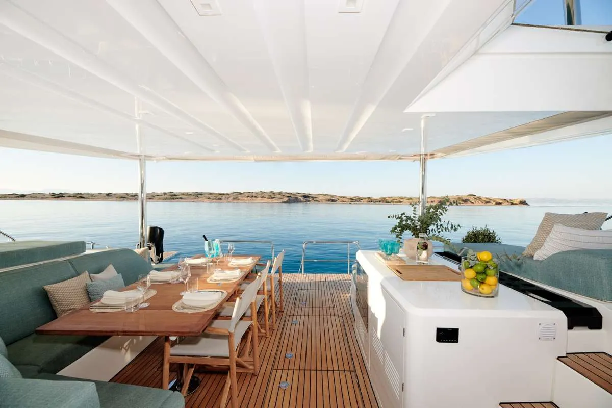 Deck of HAPPY, a Lagoon 55 catamaran at Athens, Greece