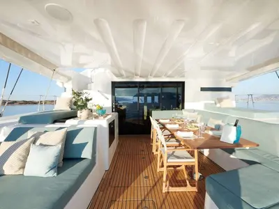 Deck of HAPPY, a Lagoon 55 catamaran at Athens, Greece
