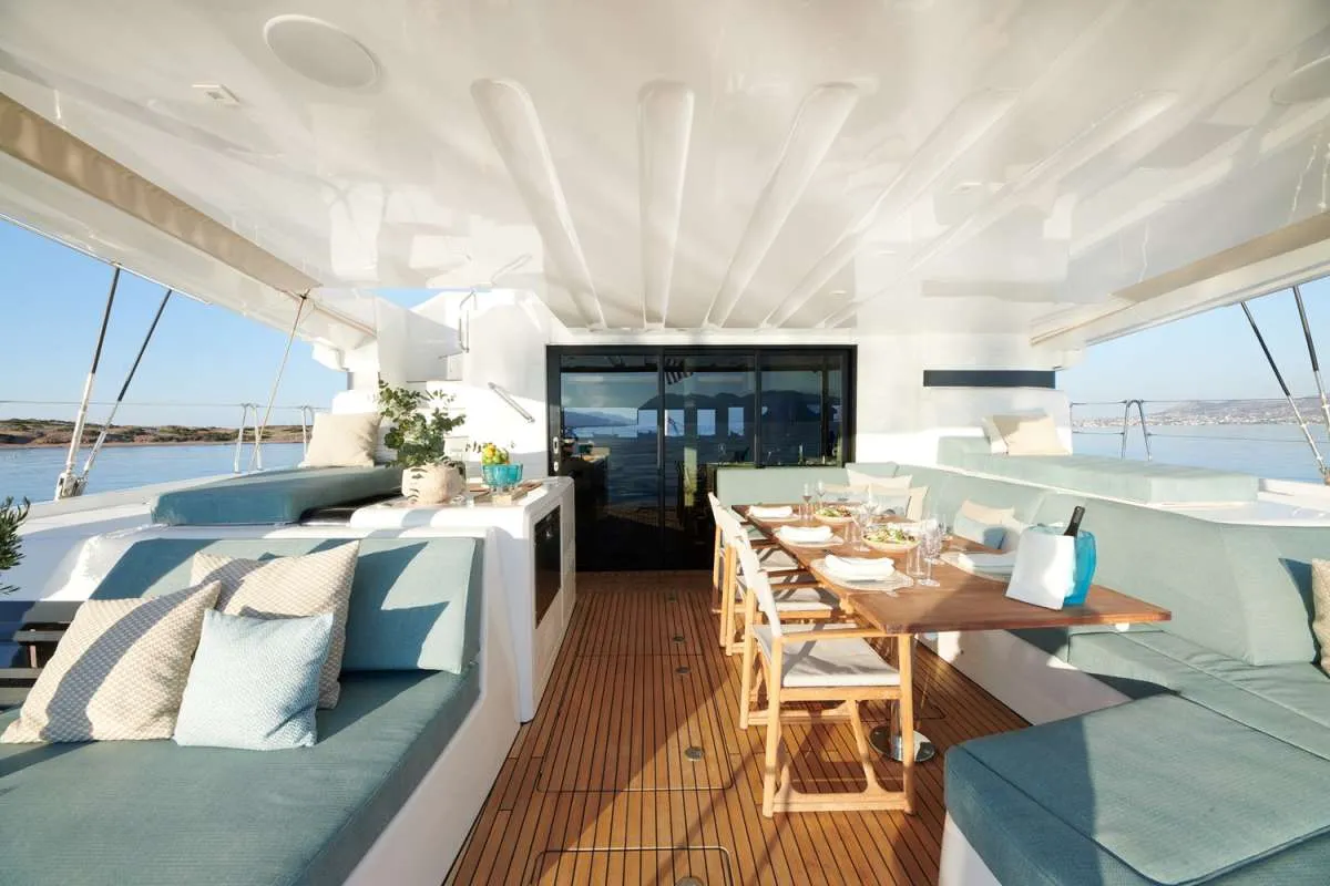 Deck of HAPPY, a Lagoon 55 catamaran at Athens, Greece