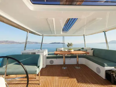 Cockpit of HAPPY, a Lagoon 55 catamaran at Athens, Greece
