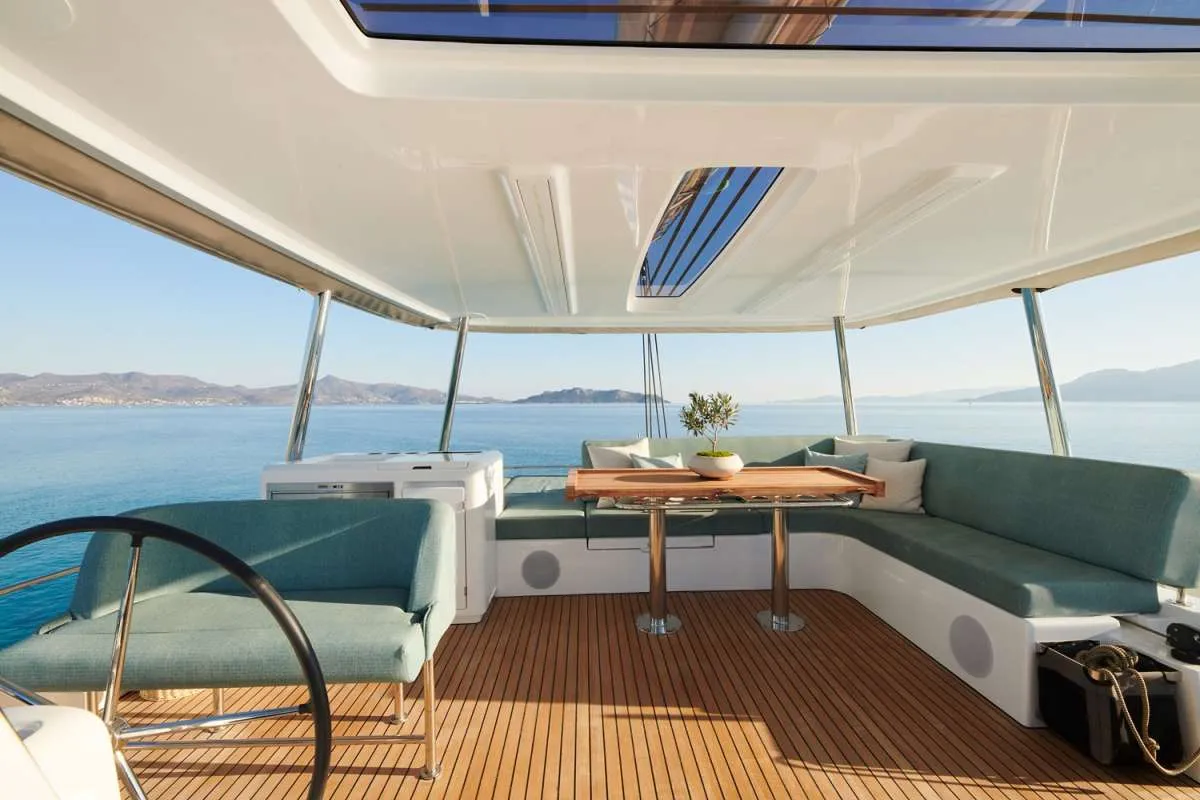 Cockpit of HAPPY, a Lagoon 55 catamaran at Athens, Greece