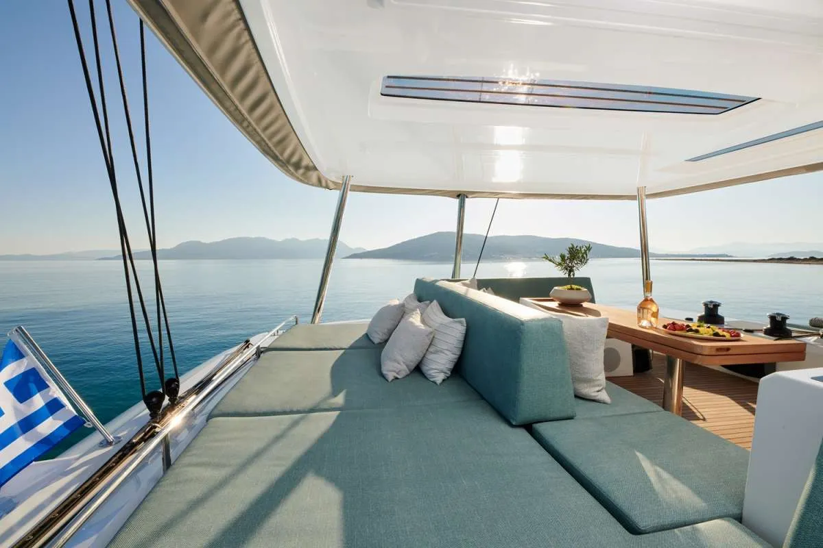Deck of HAPPY, a Lagoon 55 catamaran at Athens, Greece